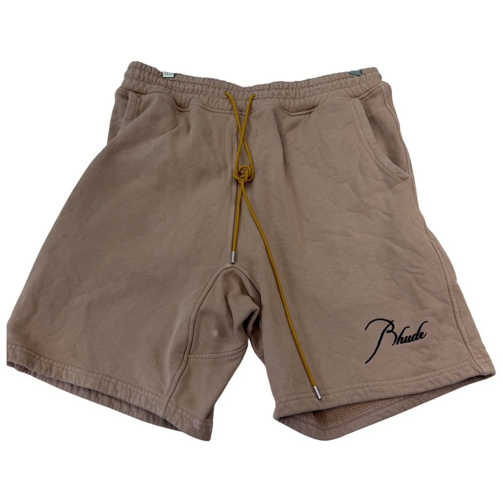 Rhude Script Logo Sweat Shorts Tan Taupe Mens Large Drawstring Fleece Streetwear